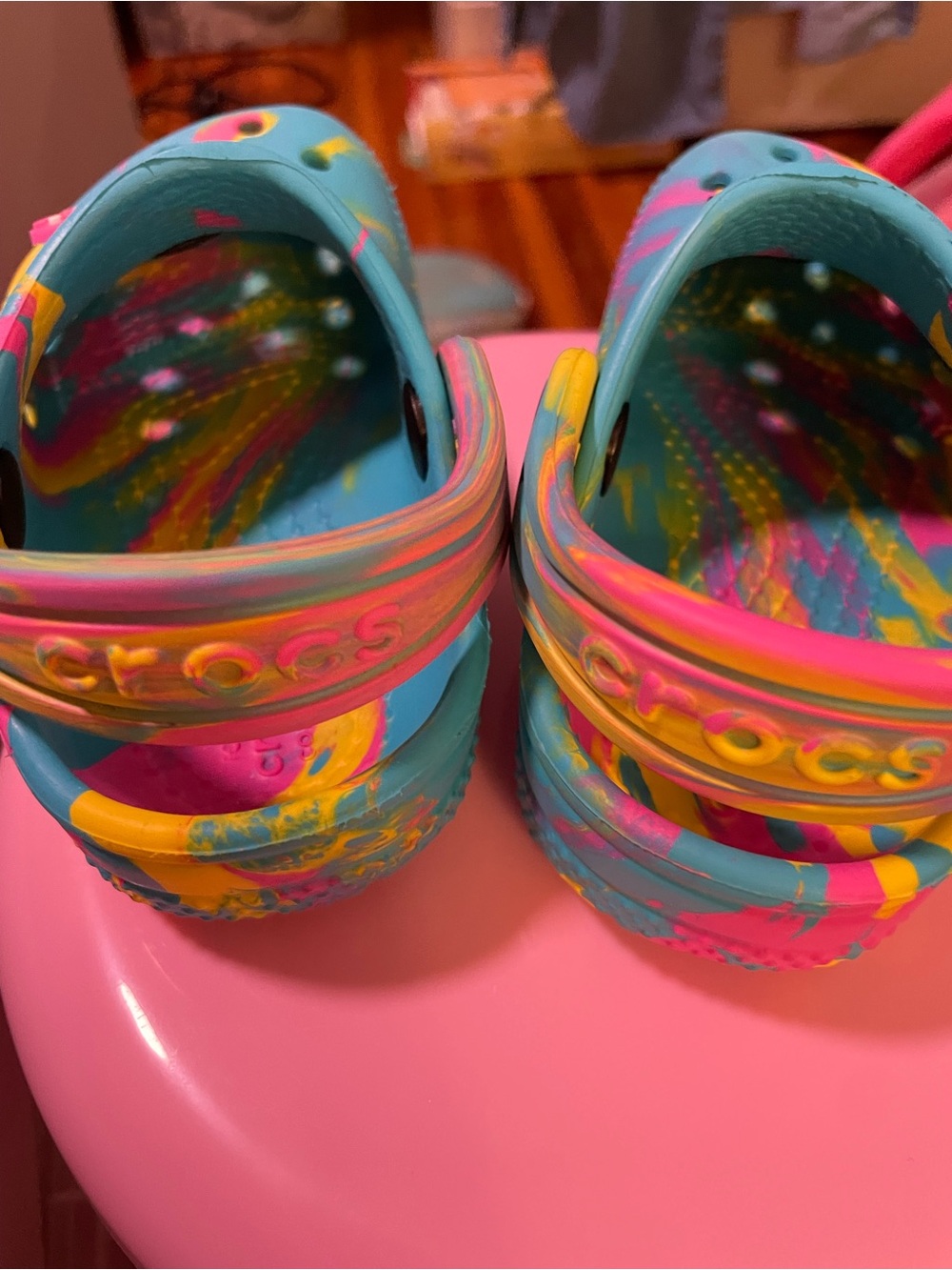 CROCS Kids Tie-Dye Blue Yellow Pink Slip-On Clogs with Character Charms - Picture 3 of 5